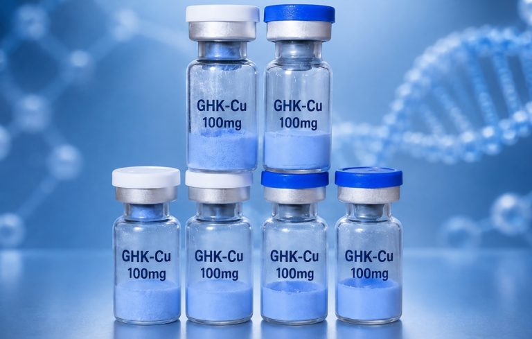 Six GHK-Cu 100 mg copper peptide vials on a blue laboratory background