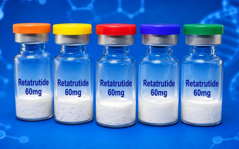 Five Retatrutide 60mg peptide vials on a blue laboratory background