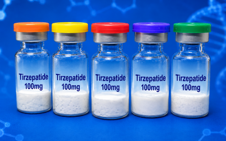 Five Tirzepatide 100 mg peptide vials on a blue laboratory background