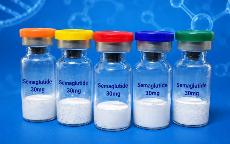Five Semaglutide 30 mg lyophilized peptide vials for laboratory research