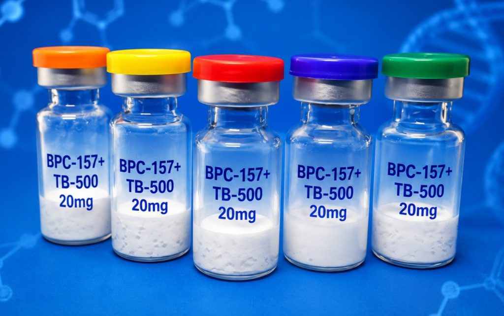BPC-157 + TB-500 peptide blend vials on a laboratory background.