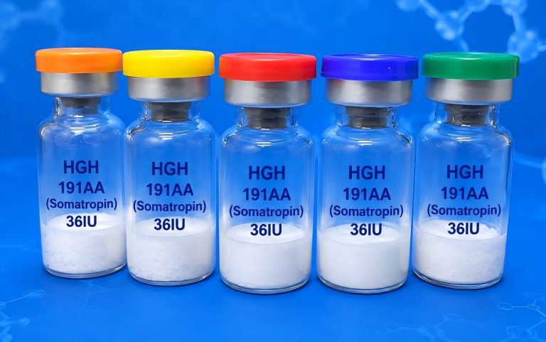 Five HGH 191AA Somatropin 36IU vials on a blue laboratory background