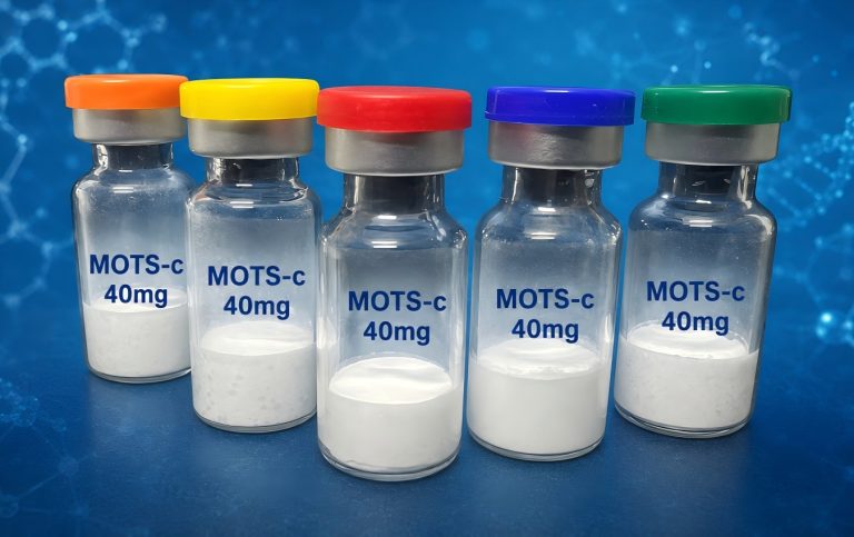 Five MOTS-c 40mg peptide vials on a blue laboratory background