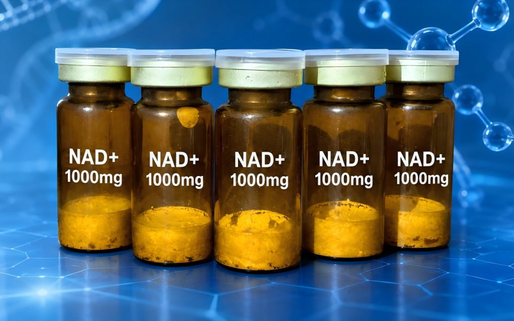 Five NAD+ 1000 mg vials on a blue laboratory background