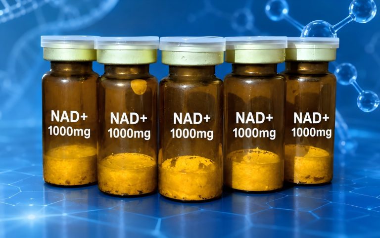Five NAD+ 1000 mg vials on a blue laboratory background