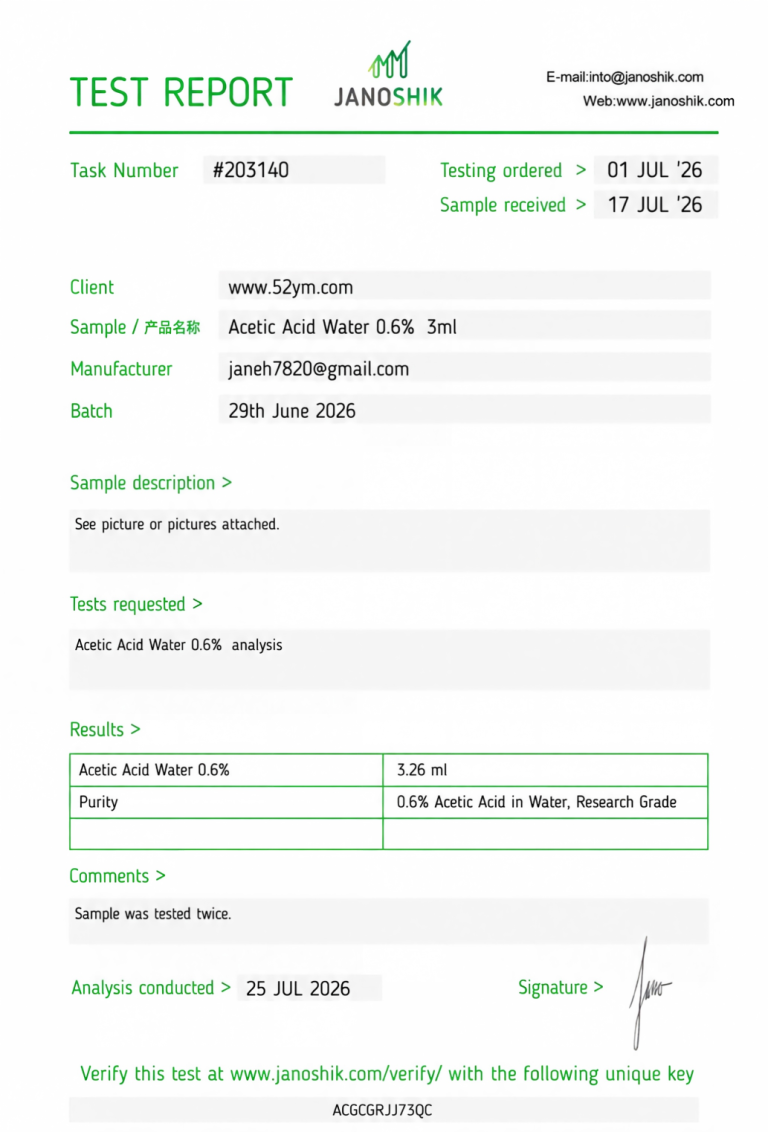 Acetic Acid Water 0.6% 3ml Certificate of Analysis showing batch-specific laboratory test results