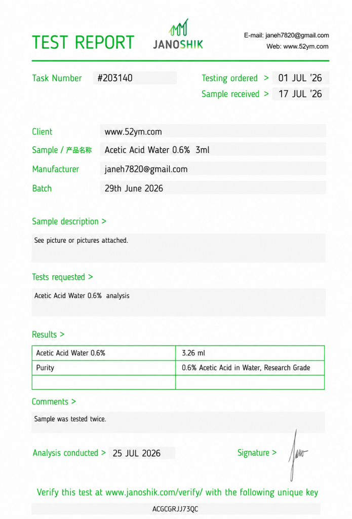 Acetic Acid Water 0.6% 3ml Certificate of Analysis showing batch-specific laboratory test results