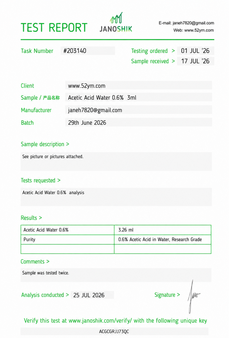 Acetic Acid Water 0.6% 3ml Certificate of Analysis showing batch-specific laboratory test results