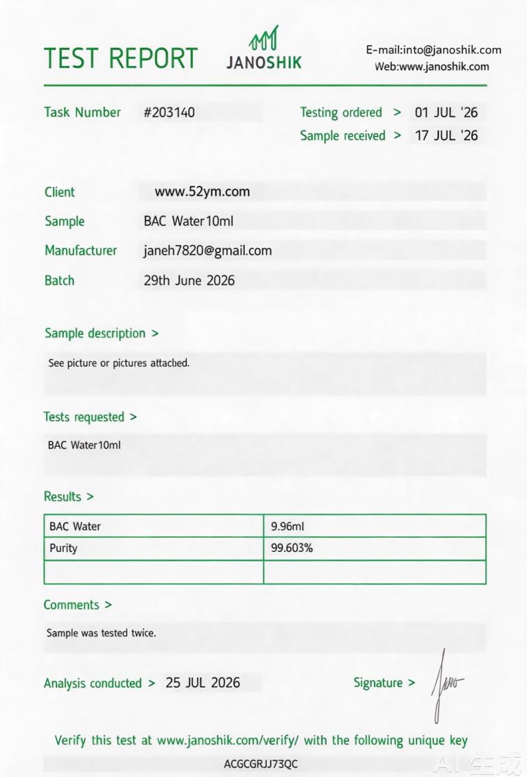 BAC Water 10 mL Certificate of Analysis showing 9.96 mL fill volume and 99.603% purity