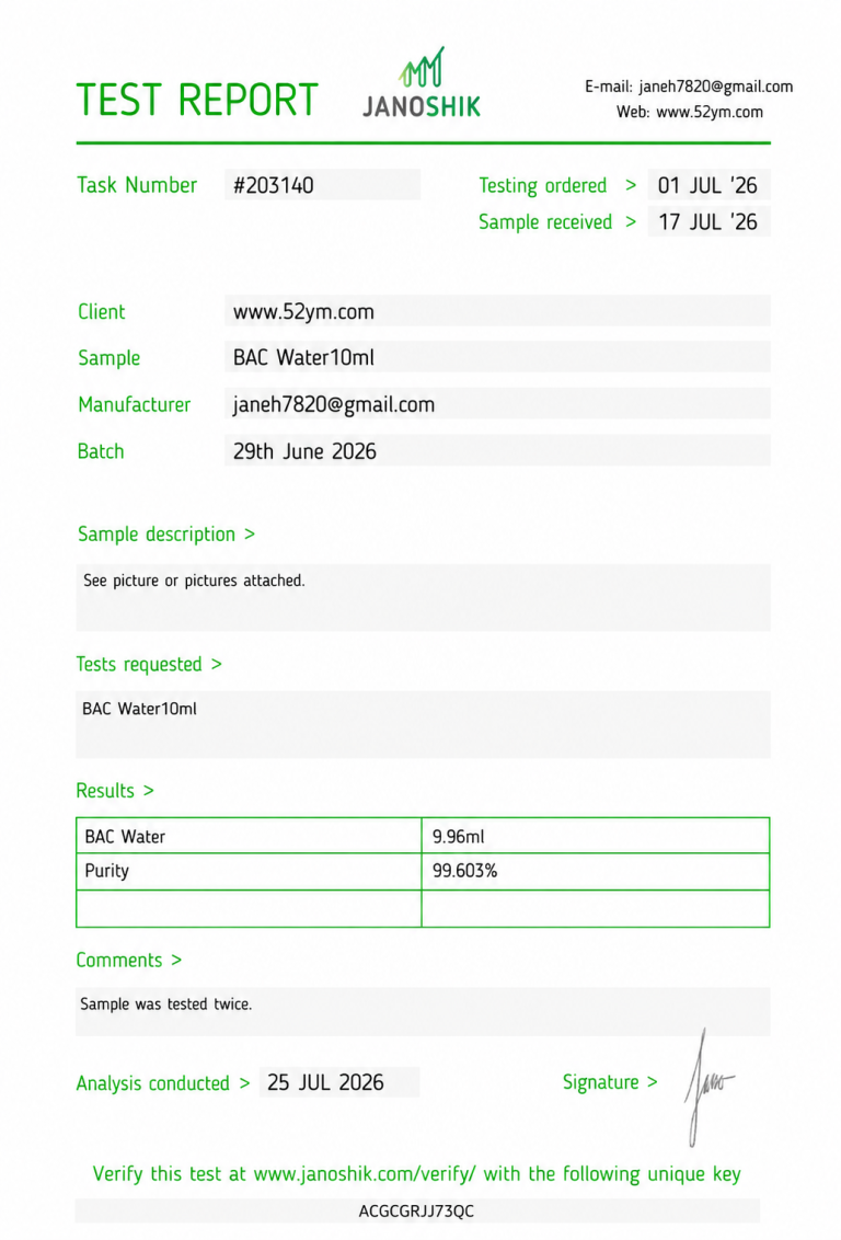 BAC Water 10 mL Certificate of Analysis showing 9.96 mL fill volume and 99.603% purity