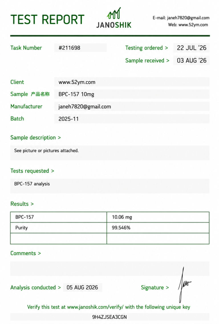 BPC-157 10mg Certificate of Analysis showing third-party laboratory test results