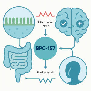 BPC157 peptide signaling diagram showing gut, brain and inflammation pathways