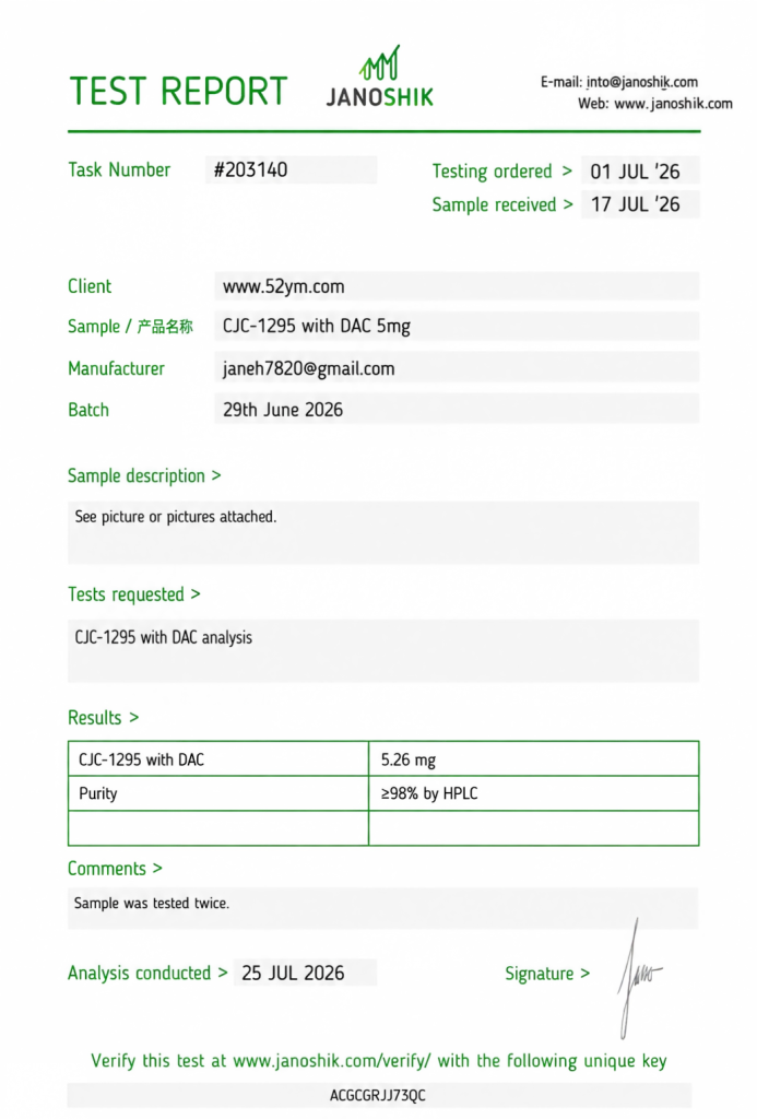 CJC-1295 (with DAC) 5mg Certificate of Analysis showing batch-specific test results