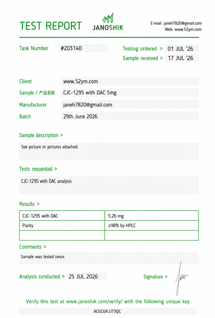 CJC-1295 (with DAC) 5mg Certificate of Analysis showing batch-specific test results