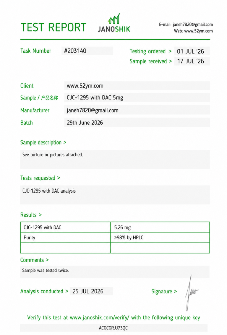 CJC-1295 (with DAC) 5mg Certificate of Analysis showing batch-specific test results
