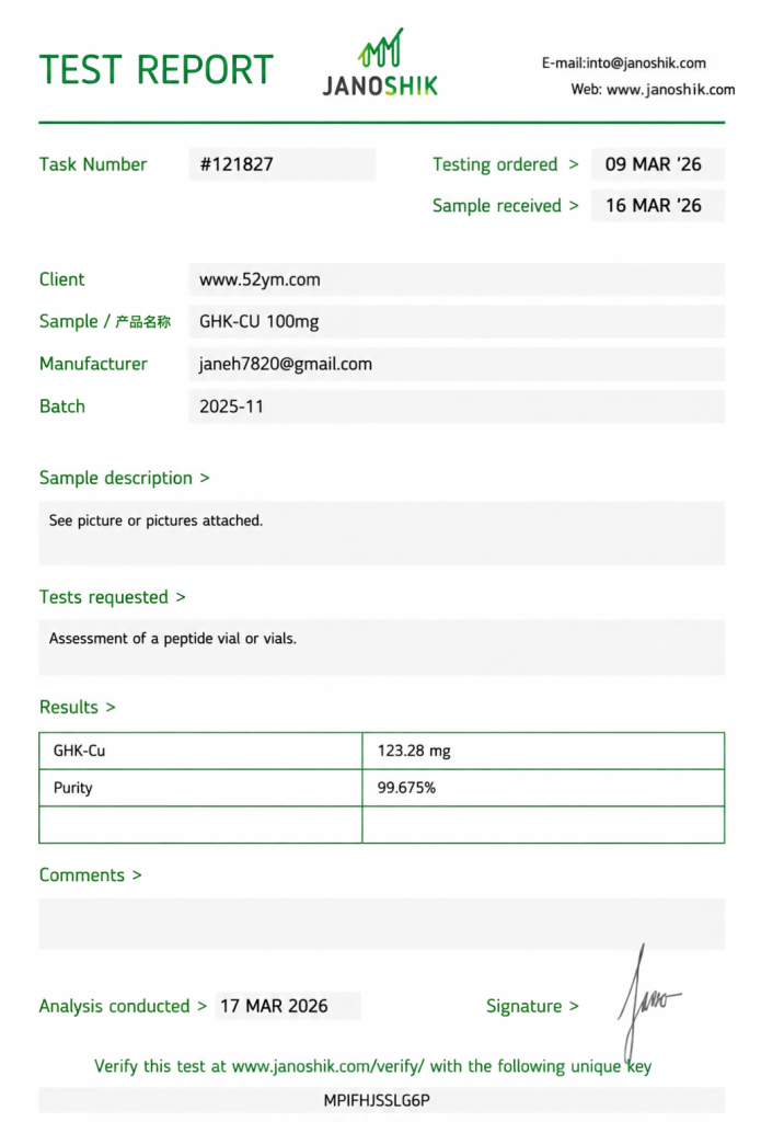 GHK-Cu (Copper Peptide) 100mg Certificate of Analysis showing batch-specific test results