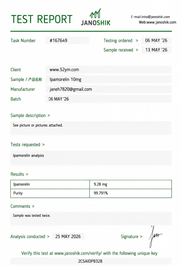 Ipamorelin 10mg Certificate of Analysis (COA) showing third-party laboratory analytical report