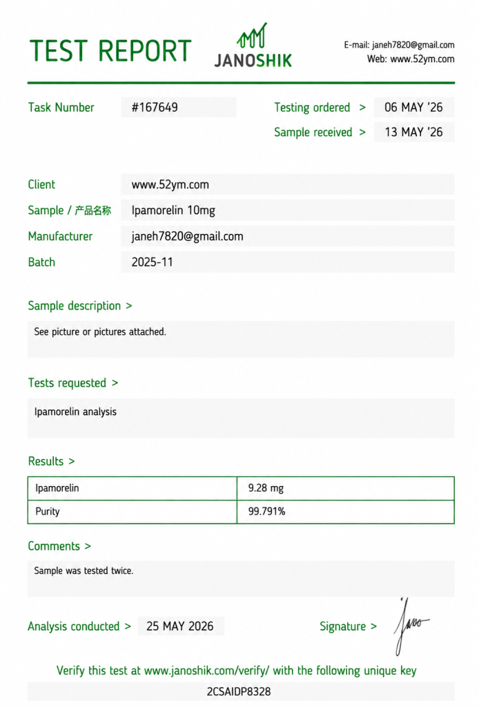 Ipamorelin 10mg Certificate of Analysis (COA) showing third-party laboratory analytical report