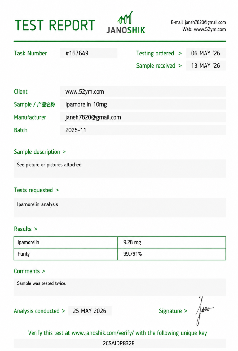 Ipamorelin 10mg Certificate of Analysis (COA) showing third-party laboratory analytical report