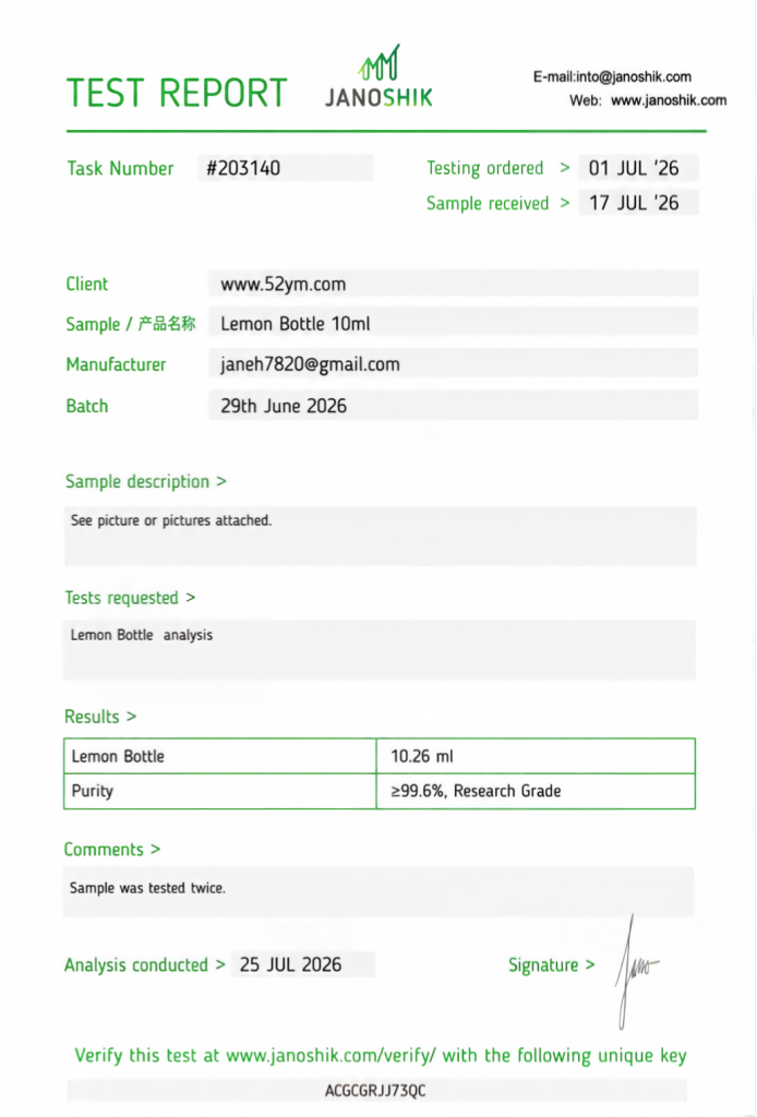 Lemon Bottle 10ml Certificate of Analysis (COA) laboratory report