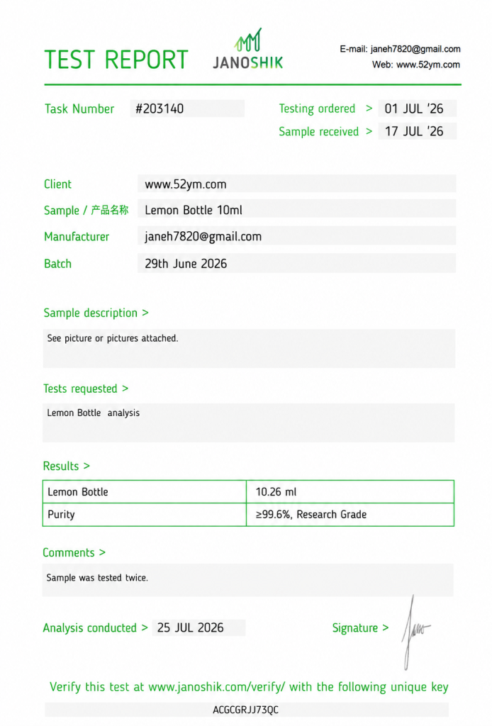 Lemon Bottle 10ml Certificate of Analysis (COA) laboratory report
