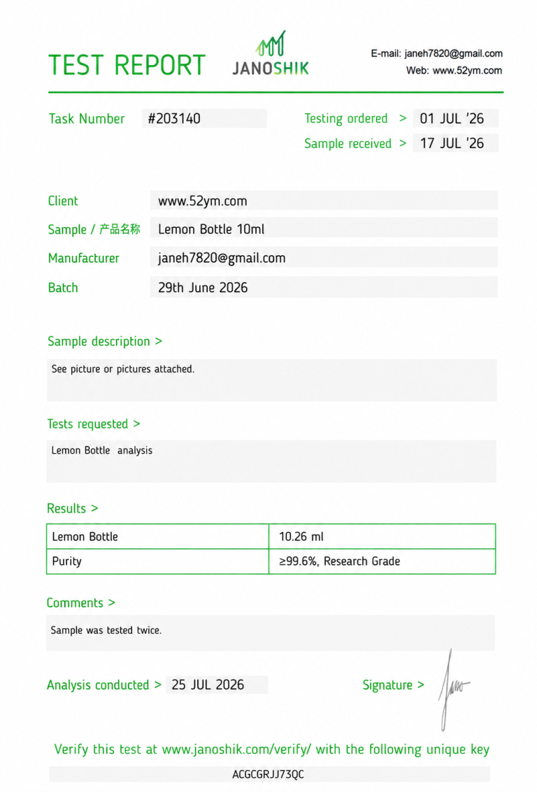 Lemon Bottle 10ml Certificate of Analysis (COA) laboratory report