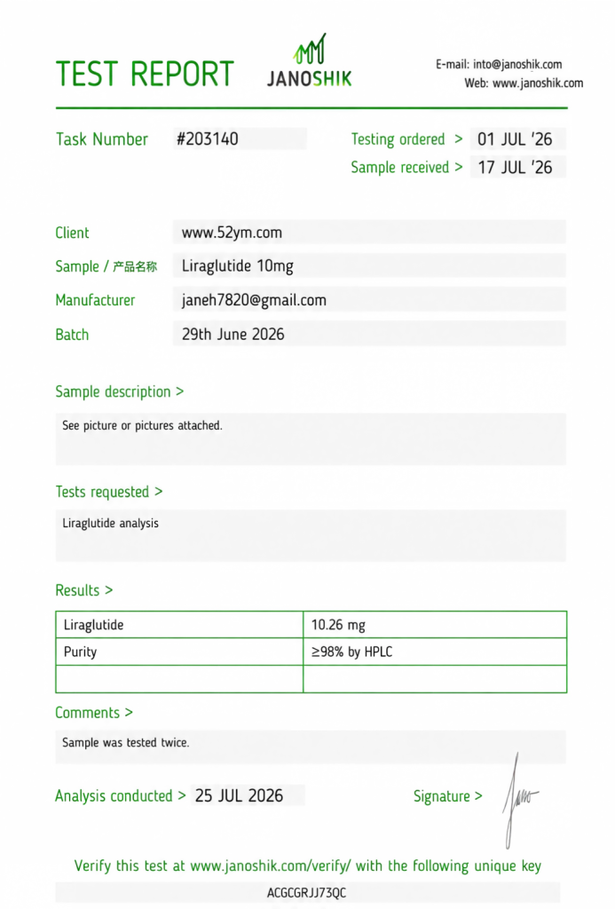 Liraglutide 10mg Certificate of Analysis (COA) showing batch-specific laboratory test results