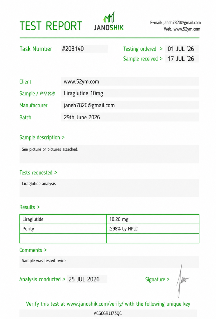 Liraglutide 10mg Certificate of Analysis (COA) showing batch-specific laboratory test results