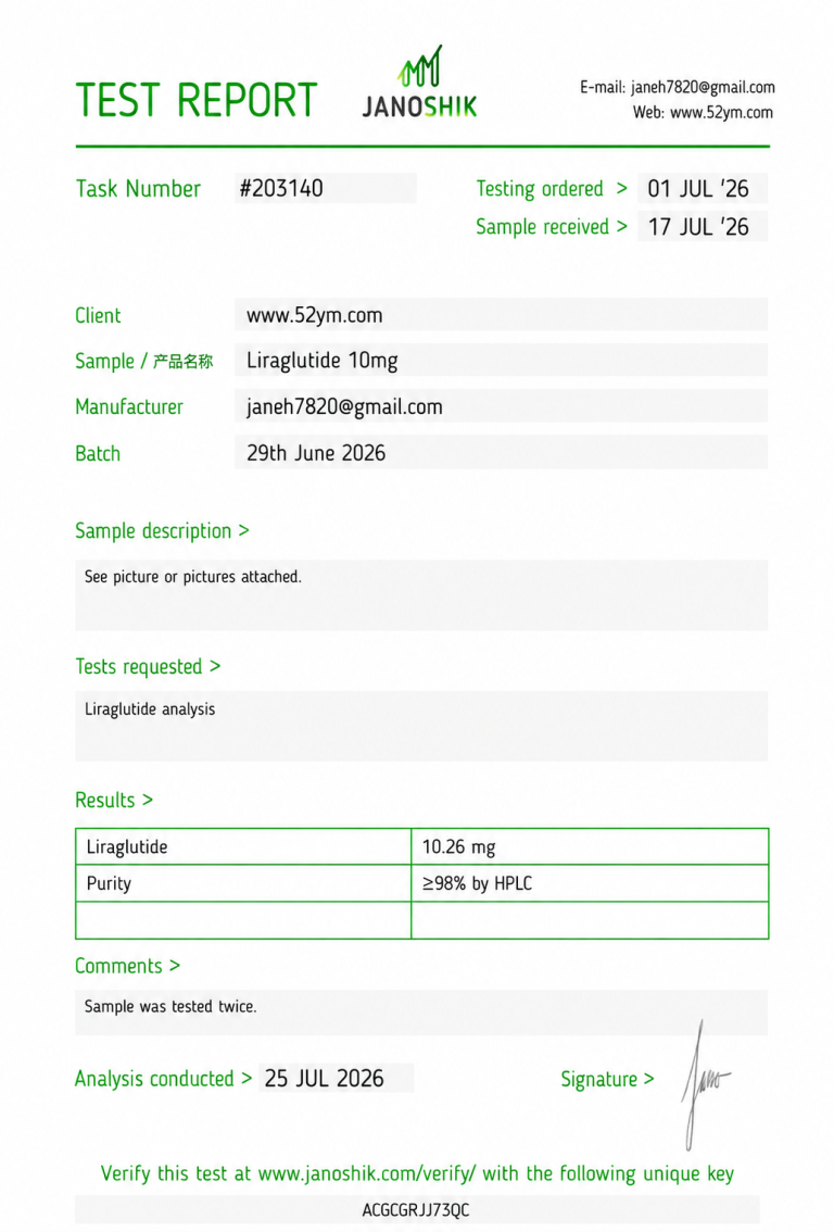 Liraglutide 10mg Certificate of Analysis (COA) showing batch-specific laboratory test results