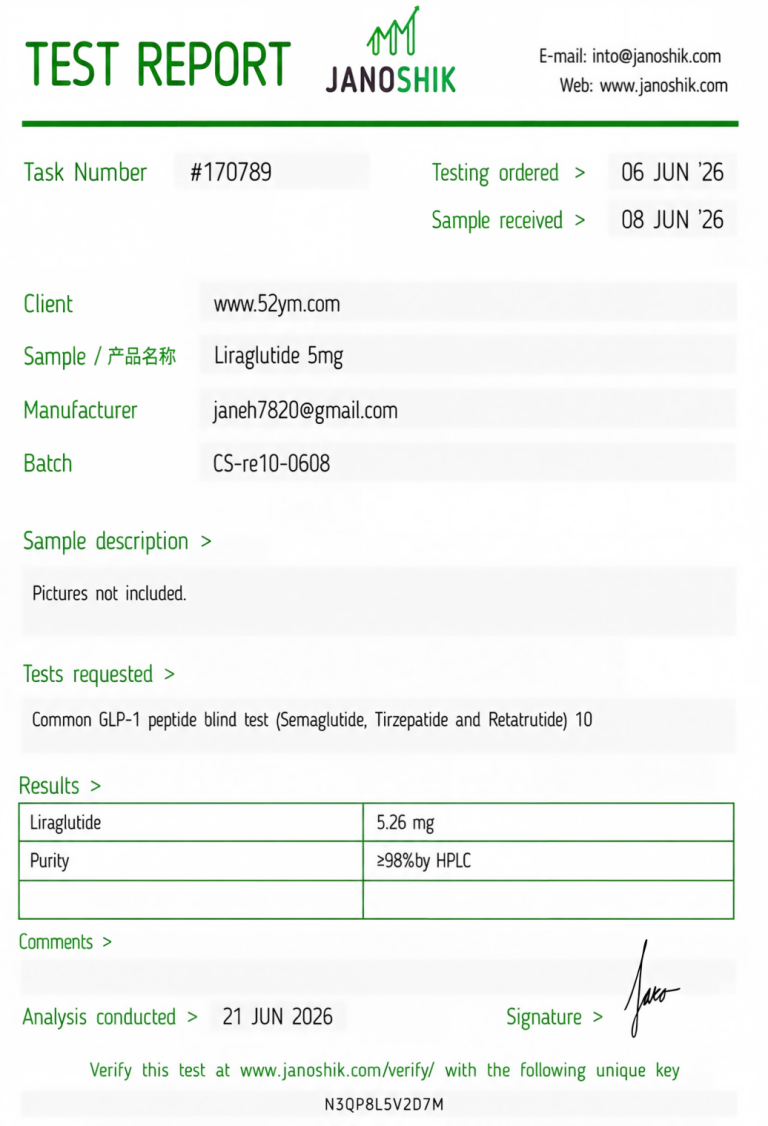 Liraglutide 5mg Certificate of Analysis (COA) showing batch-specific laboratory testing results
