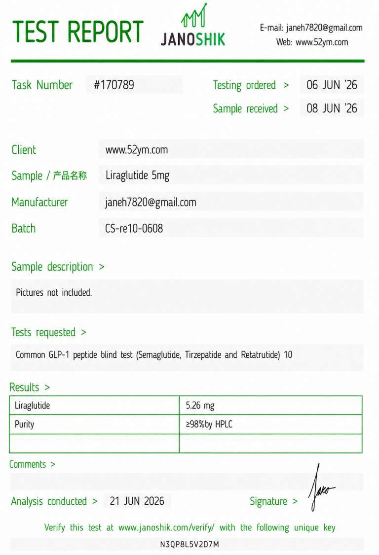 Liraglutide 5mg Certificate of Analysis (COA) showing batch-specific laboratory testing results