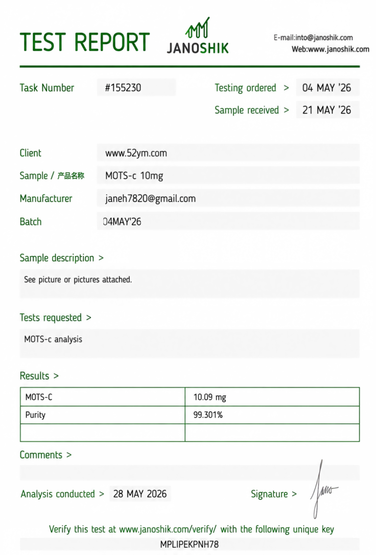 MOTS-c 10mg Certificate of Analysis showing batch-specific analytical test results
