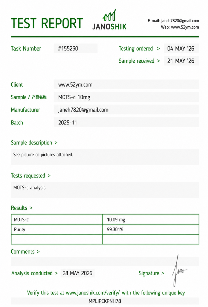MOTS-c 10mg Certificate of Analysis showing batch-specific analytical test results