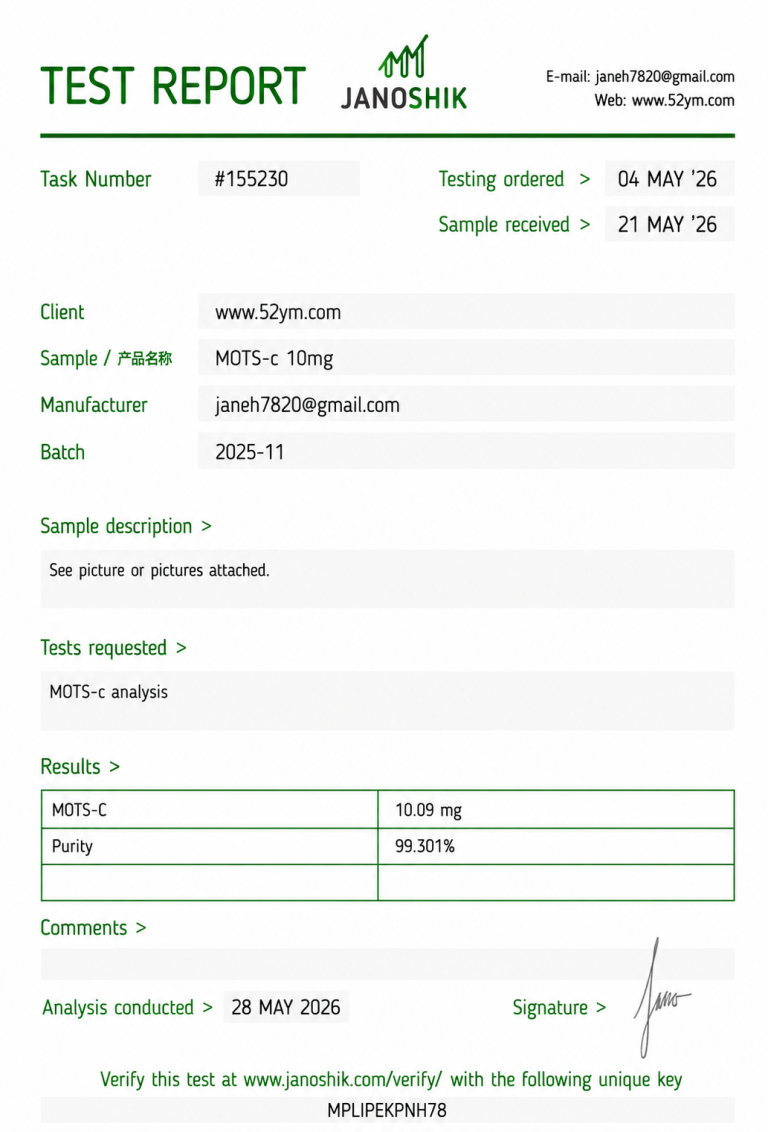 MOTS-c 10mg Certificate of Analysis showing batch-specific analytical test results