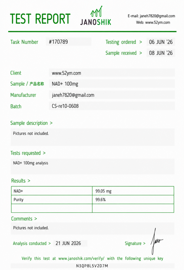 NAD+ 100mg Certificate of Analysis with batch test results