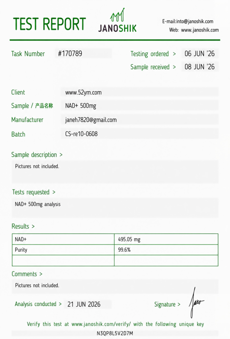 NAD+ 500mg Certificate of Analysis showing batch-specific analytical test results