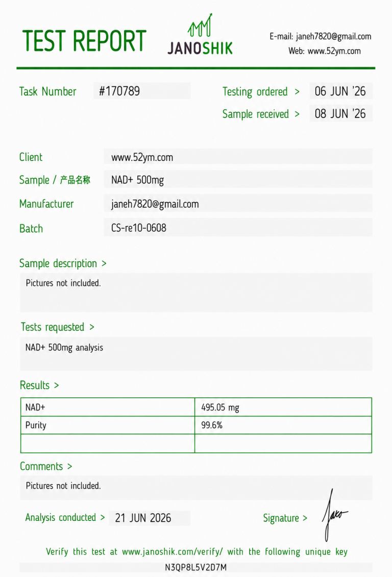 NAD+ 500mg Certificate of Analysis showing batch-specific analytical test results