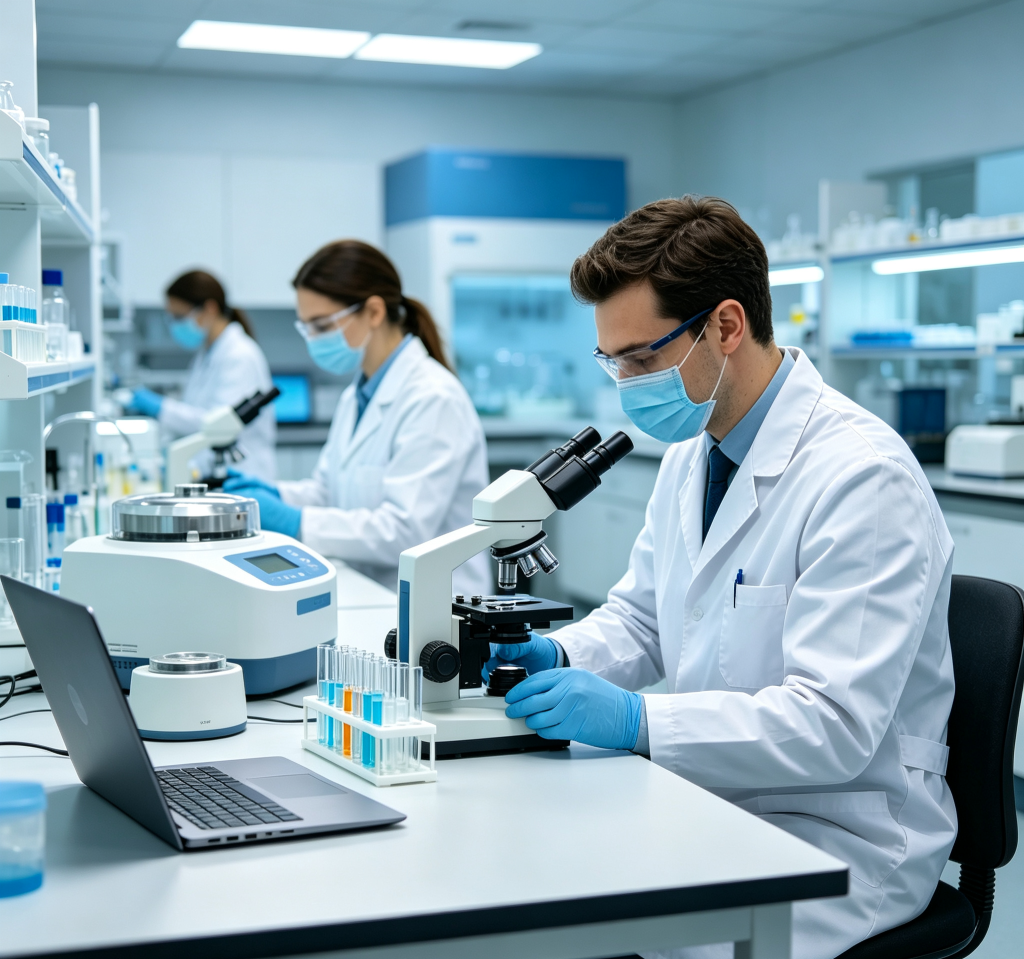 Scientists conducting peptide research in a laboratory