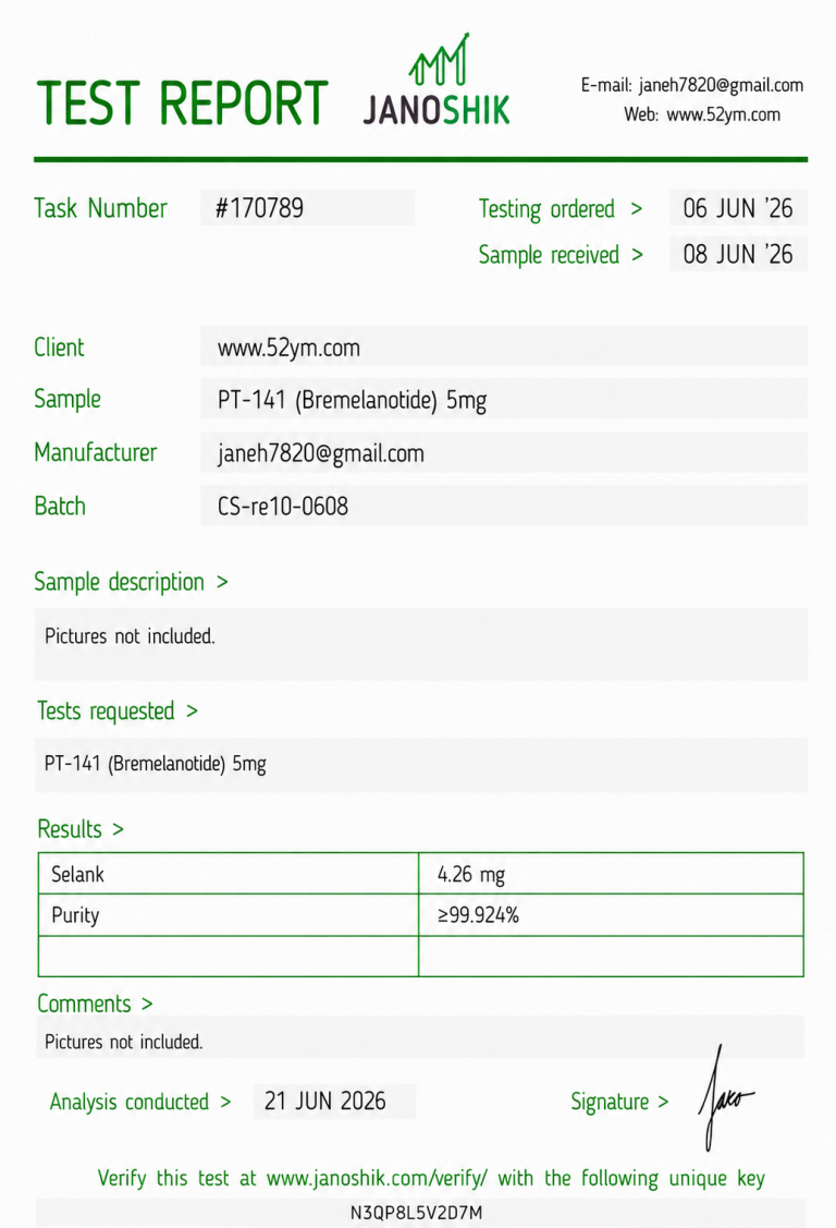 PT-141 (Bremelanotide) 5mg Certificate of Analysis showing third-party laboratory testing