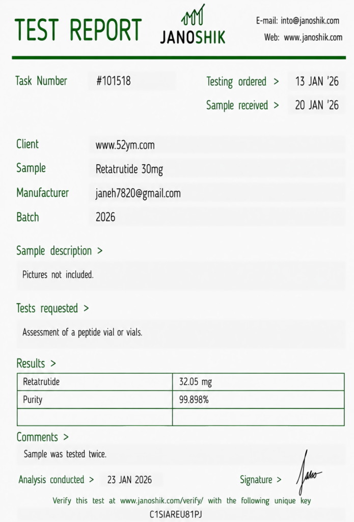 Retatrutide 30mg Certificate of Analysis showing third-party laboratory test results