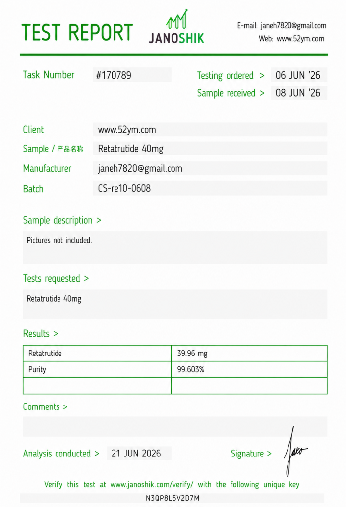 Retatrutide 40mg Certificate of Analysis showing third-party laboratory testing results