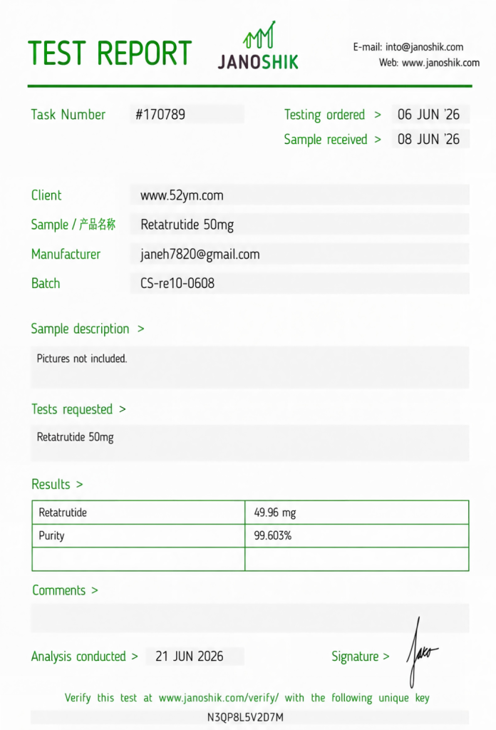 Retatrutide 50mg Certificate of Analysis showing third-party laboratory test results