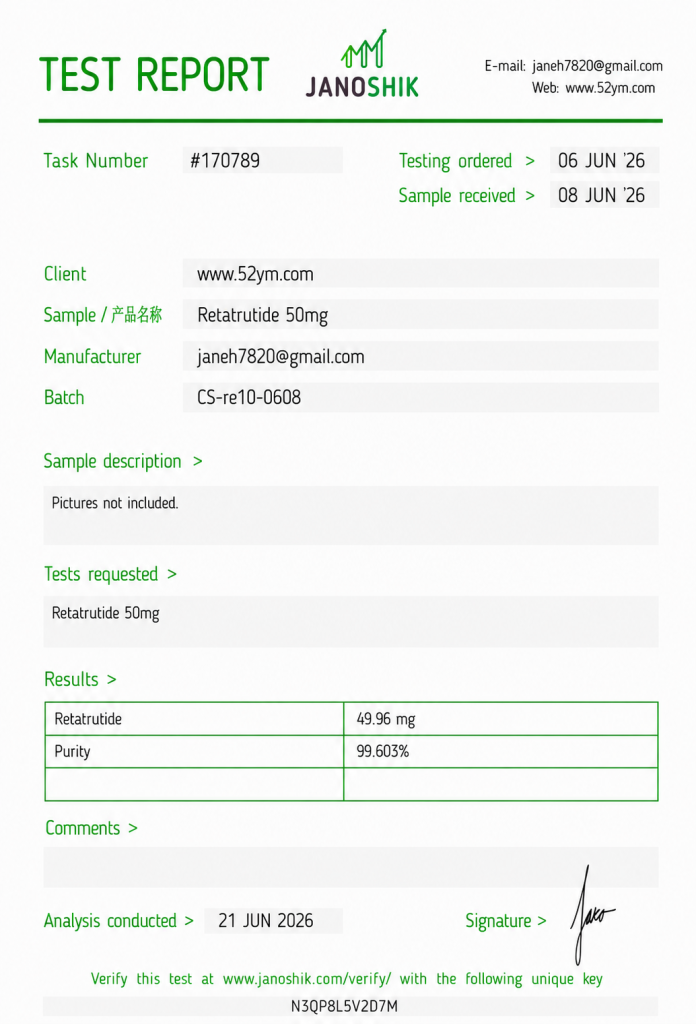 Retatrutide 50mg Certificate of Analysis showing third-party laboratory test results