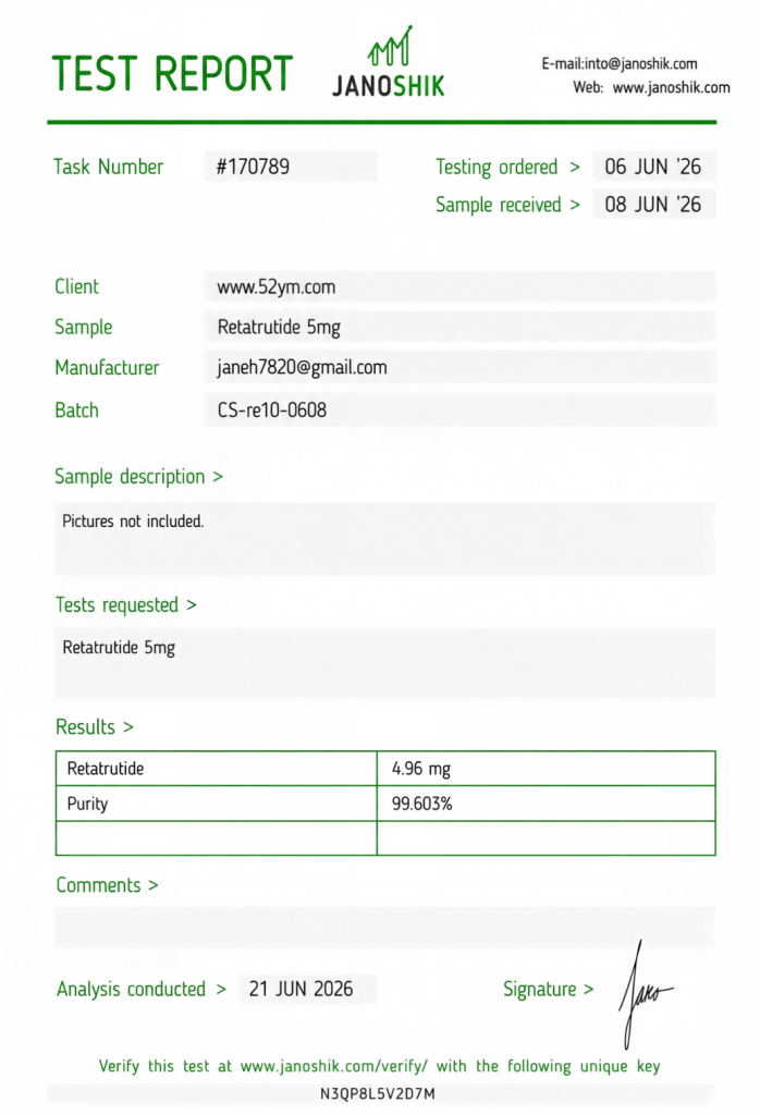 Retatrutide 5mg Certificate of Analysis (COA) showing third-party laboratory test results