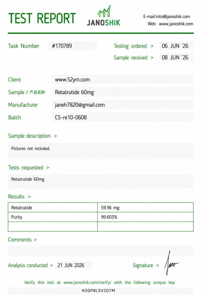 Retatrutide 60mg Certificate of Analysis showing third-party laboratory purity and quality testing