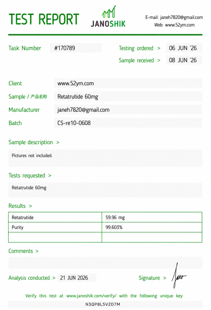 Retatrutide 60mg Certificate of Analysis showing third-party laboratory purity and quality testing