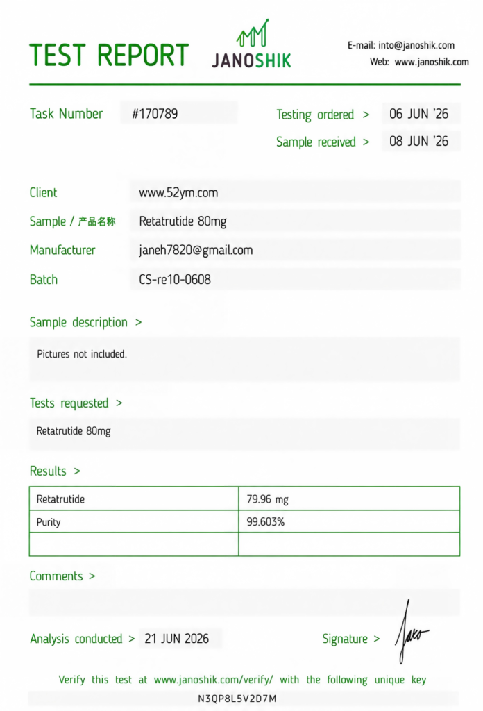 Retatrutide 80mg Certificate of Analysis showing third-party laboratory test results.