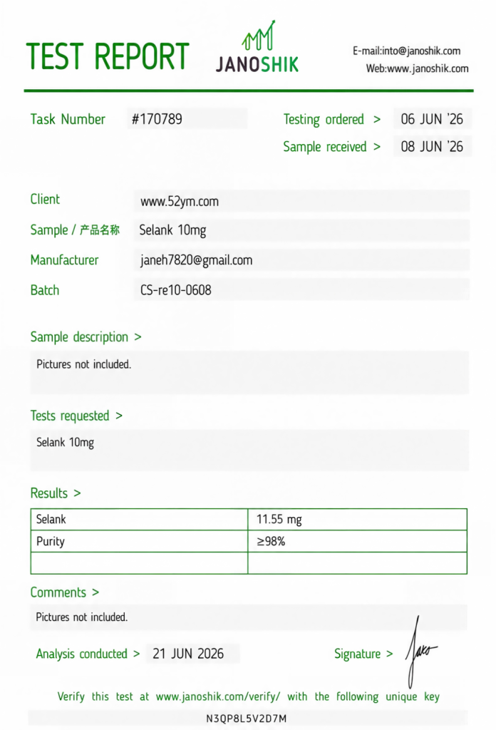 Selank 10mg Certificate of Analysis showing batch-specific test results