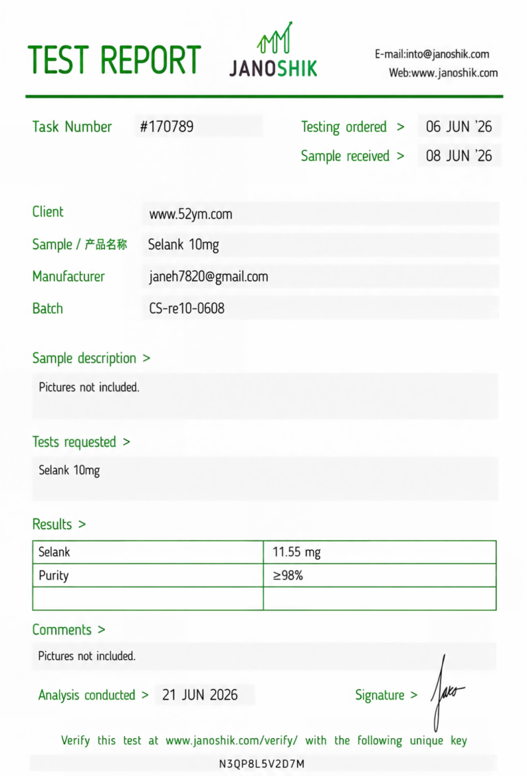 Selank 10mg Certificate of Analysis showing batch-specific test results