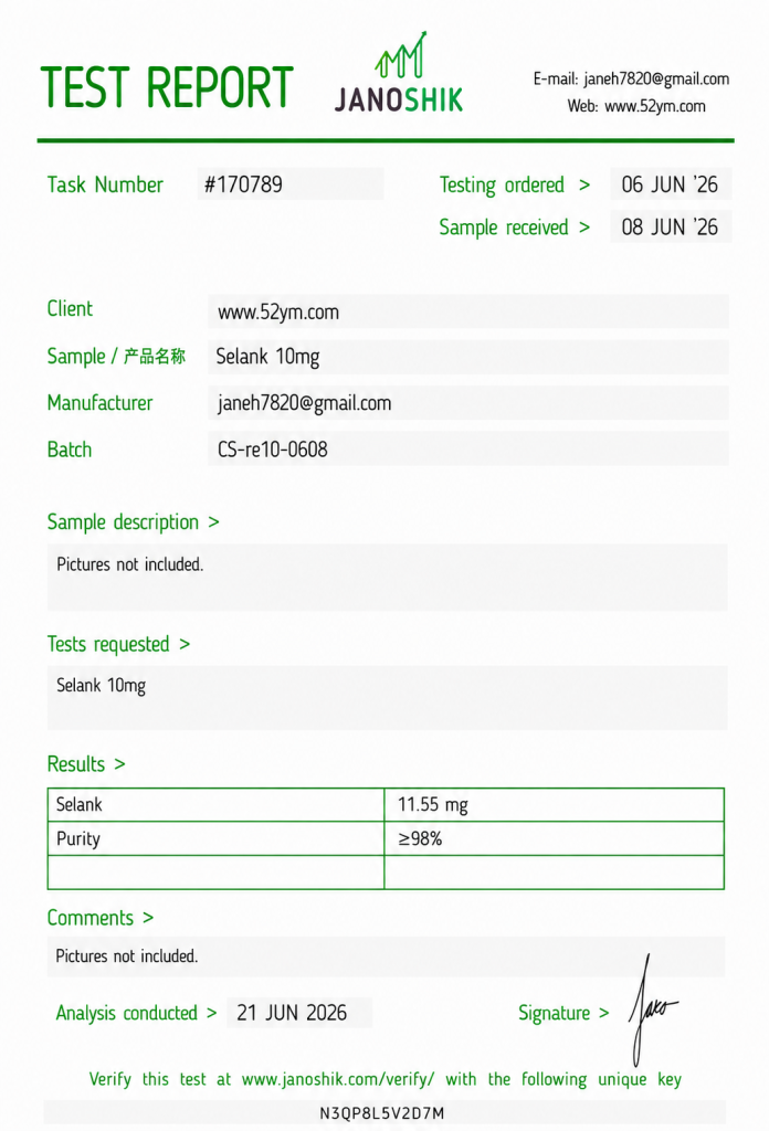 Selank 10mg Certificate of Analysis showing batch-specific test results